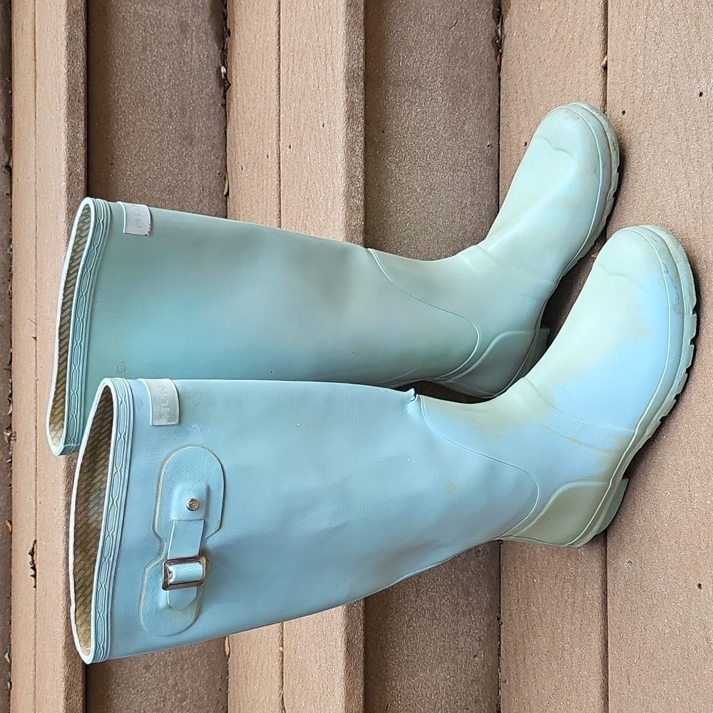 Hunter Original Gloss Tall Boots light blue well used worn with FLAWS SEE PHOTOS